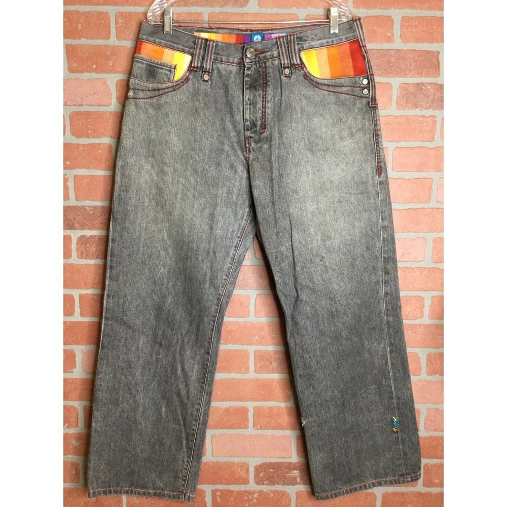 COOGI Mens Jeans Rainbow Stripe Embroidered Pockets Baggy Hip Hop Size 36 x 34